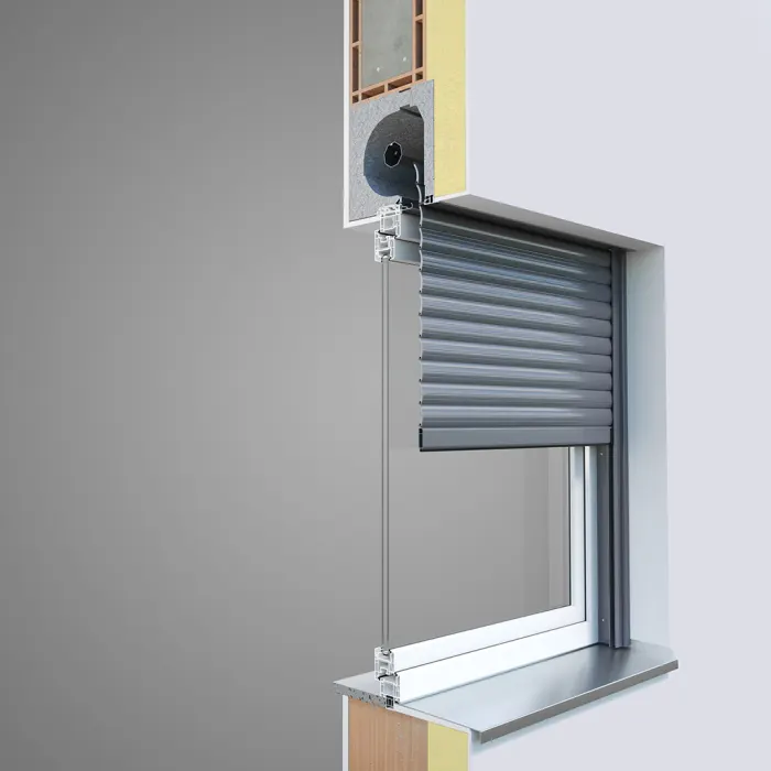 Schnittmodell eines Aufsatzrollladens über dem Fenster